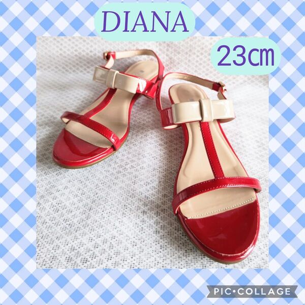 DIANA Tストラップサンダル 赤 23㎝ エナメル バックストラップ ベージュリボン ミュール 3㎝ヒール オシャレ ダイアナ