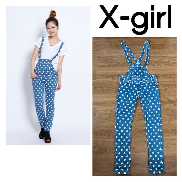 X-girl エックスガール レディース サロペット オーバーオール デニム スキニー 水玉 サイズ2 Mサイズ