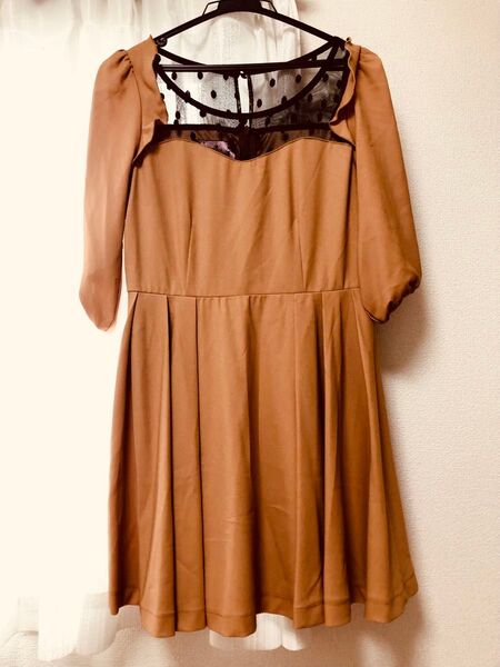 新品 Fサイズ チュニック、ワンピース オレンジブラウン 胸元ドット柄 シースルー 、七分袖