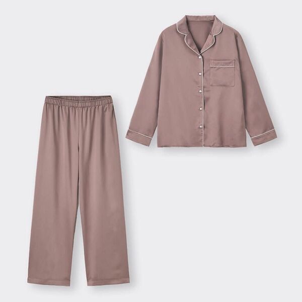 GU サテンパジャマ ルームウェア 長袖 ロングパンツ ブラウン Lサイズ