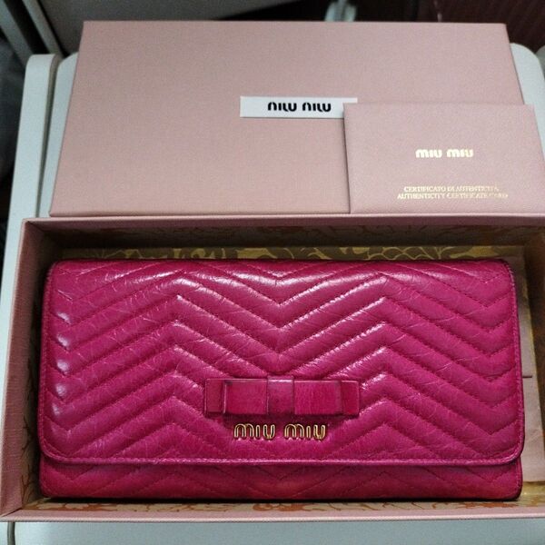 miumiu 長財布 財布 ピンク リボン ミュウミュウ レザー パープル 系 二つ折り ウォレット ロングウォレット