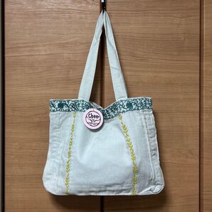 ナチュラルアイテム【未使用】cheer★刺繍布バック ベージュ系 アジアンテイスト 布バック トートバッグ 肩掛け
