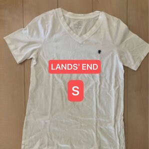 ランズエンド レディース 半袖 ホワイト Vネック スーピマコットン ロングTシャツ S