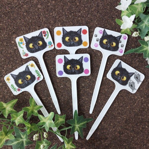 ガーデンピック(黒猫)デコパージュ 猫柄 猫雑貨 ペット 花柄 北欧雑貨 園芸