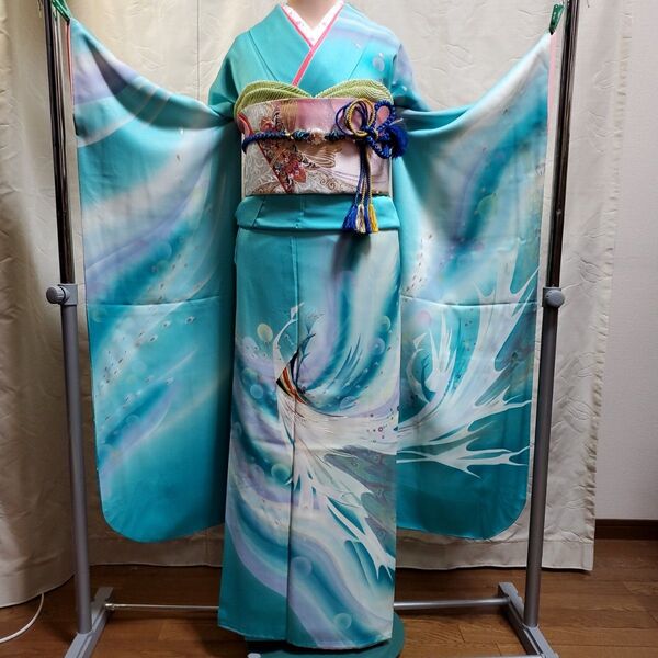 振り袖7点セット(66) 長襦袢 袋帯 小物 セルリアンブルー 孔雀 成人式