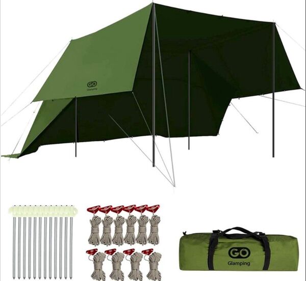 GOGlampingタープテント【ポール付き】軍幕タープ 3.78*2.88m TC難燃タープ変幻自在 アウトドア キャンプ