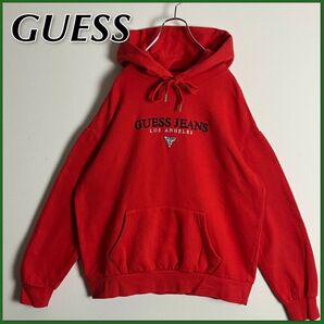 【GUESS】 ゲス 刺繍ロゴ プルオーバーパーカー レッド シンプル デザイン