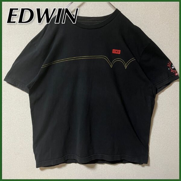 【EDWIN】ロゴ Tシャツ メンズ 2XL ブラック ビッグサイズ オーバーサイズ 袖ロゴ 綿100%