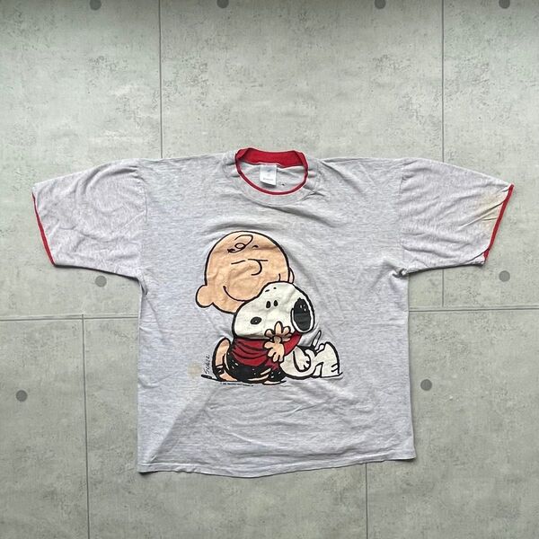 90s アメリカ製 スヌーピー Tシャツ XL リンガー グレー 幅広