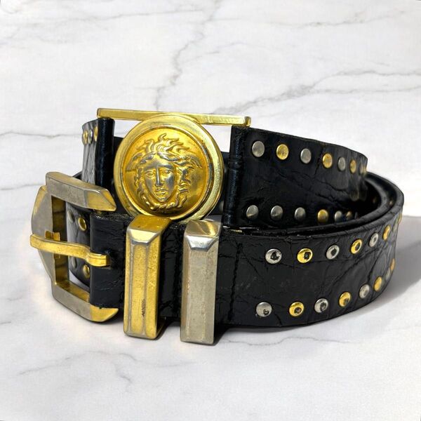 VERSACE ヴェルサーチ メデューサ レザー ベルト スタッズ ブラック メンズ