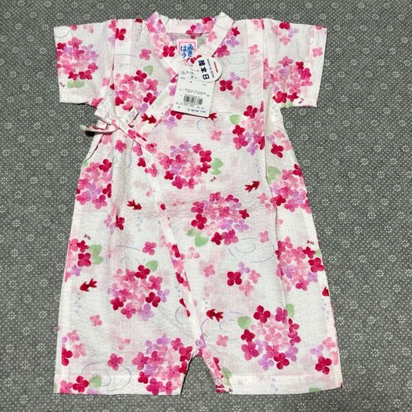 新品 未使用 ミキハウスベビー甚平ロンパース ピンク 紫陽花柄 Mサイズ 70-80