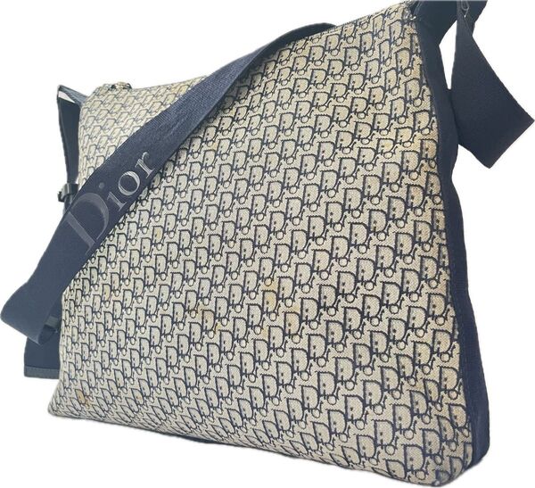 Christian Dior ショルダーバッグ ミニトロッター キャンバス グレー ネイビー 肩掛け 斜め掛け デカロゴベルト