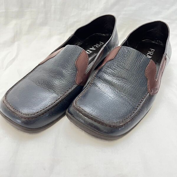 【希少】PRADA プラダ Square Toe Leather Shoes 黒 ローファー レディース 24.5cm レザー