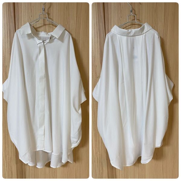 新品タグ付きルーズシャツ☆ゆったり☆大きいサイズ☆LL☆2L☆3L☆ポンチョ☆ドルマン☆半袖☆ワイド☆ホワイト☆はんそで