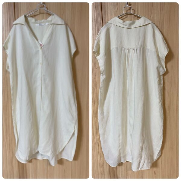 新品タグ付きシャツチュニック☆ゆったり☆ホワイト☆羽織り☆ノースリーブ☆フレンチスリーブ☆リネン☆麻☆ロング