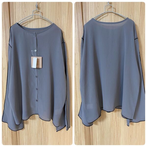 新品タグ付きシャツ☆ブラウス☆シアー☆2way☆グレー☆チャコール☆配色☆バイカラー☆バックボタン☆おしゃれ見え