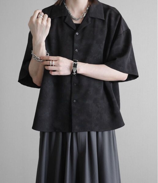 KUUUPY Cropped Print Open Collar Shirt - 短丈総柄オープンカラーシャツ ブラック L 半袖