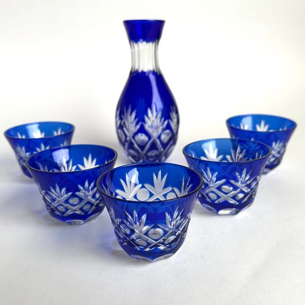 【未使用】切子 酒器 徳利 1お猪口 5グラス おちょこ ぐい呑み 青 セット