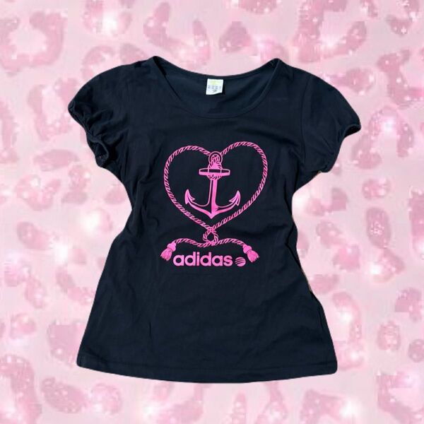 00's adidas ハート 黒 ピチT y2k 平成 マクブリング系 半袖Tシャツ