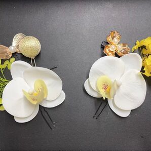 可愛い小さい胡蝶蘭髪飾り8cm グリーン 黄色 ドライフラワー 和装色打褂 前撮り