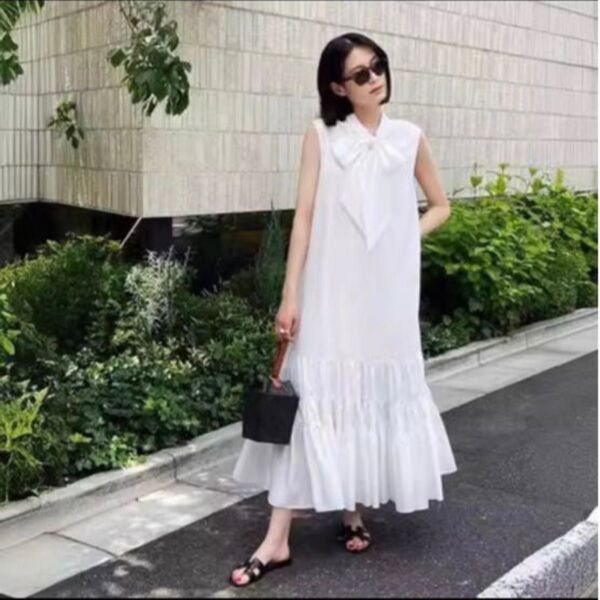 ノースリーブ ロングワンピース ホワイト白ドレス 前襟 リボン 新品 夏ワンピース オシャレ 裾ティアード