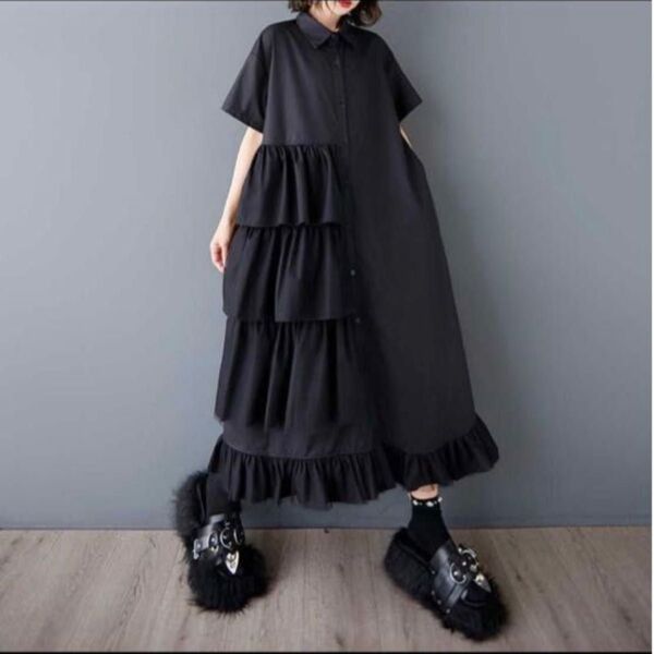 大きいサイズ レディース ワンピース シャツ フリル 春夏 新品 半袖 ロング