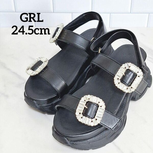 GRL グレイル ビジューバックル スポーツサンダル 24.5cm 黒 厚底