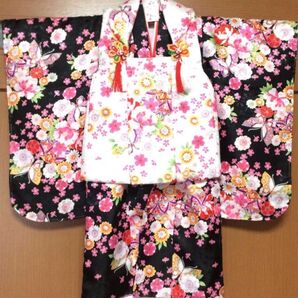 ★ 未使用 七五三 3歳 着物 被布セット / 黒地 花 鞠 蝶々