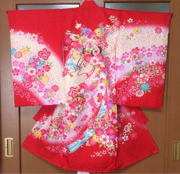 ★ 正絹 お宮参り 女児 着物 襦袢付き / 赤地 花柄 蝶