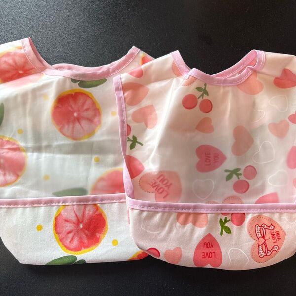 ベビー エプロン 2枚セット 食事用 防水加工 マジックテープ スタイ 女の子 果物