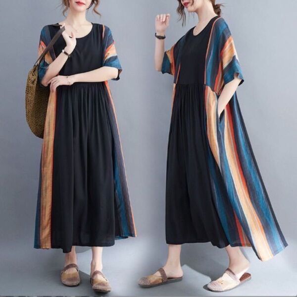 2L 夏 ロングワンピース 五分袖 半袖 ストライプ オーバーサイズ 大きいサイズ バイカラー エスニック