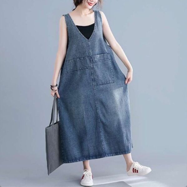 2L デニム ロング ワンピース vネック スカート シャツ サロペット オーバーオール ノースリーブ 半袖