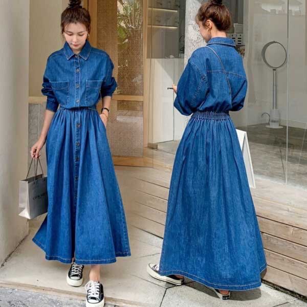 L 長袖 デニム シャツ ワンピース ロング 前開き 長袖 ダンガリー オルチャン 大きいサイズ コットン 綿 秋服 ブルー