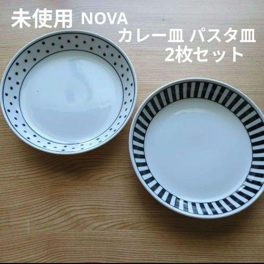 未使用 深皿 NOVA ボーダー ドット ノヴァパスタ&カレー皿 22x4cm プレート