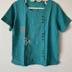 レディース トップス 半袖 綿 タンポポ刺繍 ターコイズグリーン