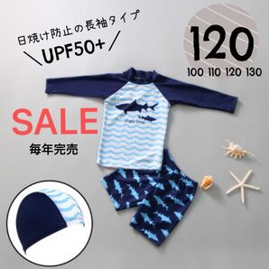 【毎年爆売れ】大人気☆男の子 水着 サメ柄 長袖ラッシュガード 帽子付き 上下 セットアップ 紫外線対策UPF50+120