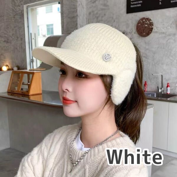 帽子 耳当て ニット サンバイザー ホワイト ニット帽 ゴルフ 防寒 イヤーマフ ふわふわ 暖かい キャップ 白