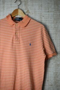 ☆US古着 POLO Ralph Lauren ラルフローレン ポロシャツ ボーダー ポニーロゴ オレンジ系【M】鹿の子　　　　　◆2398◆