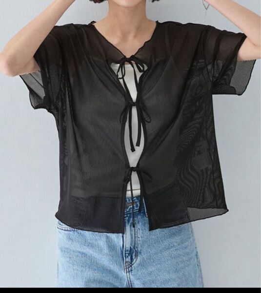 MONO-MART モノマート アウトリンキング2WAYシアー半袖カーディガン ブラック 定価¥2,860