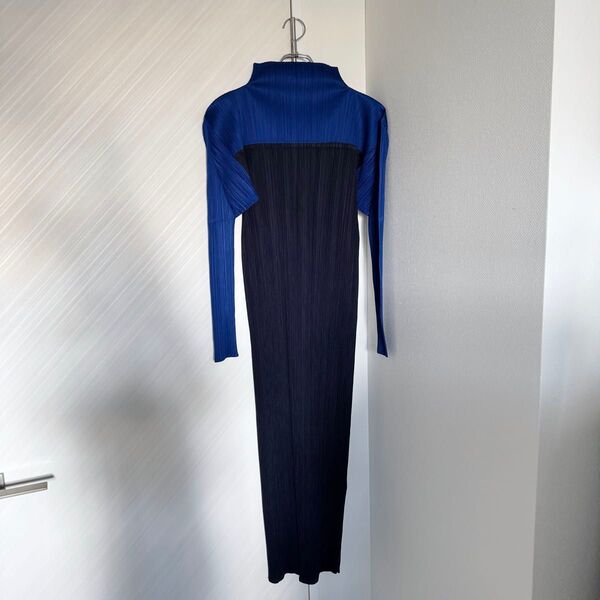 美品 PLEATS PLEASE ワンピース バイカラー切替 ドレス プリーツ プリーツプリーズ ネイビー レディース 正規品
