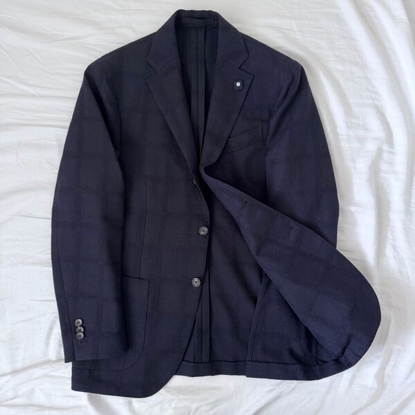 美品 LARDINI ジャケット メンズ 48 ネイビー 3つボタン ビジネス ウール ブレザー テーラードジャケット イタリア製