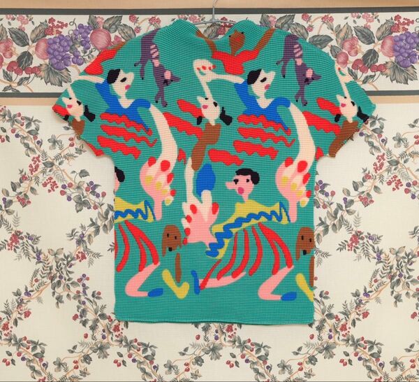 プリーツ ヴィンテージ vintage 古着 カラフル tシャツ 半袖 トップス レトロ 総柄 緑 赤 ブラウス シャツ 動物柄