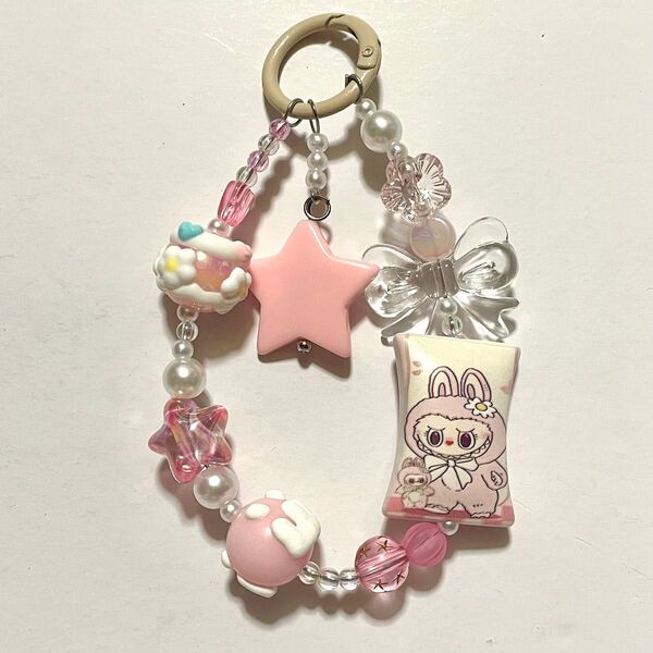 ★080★ ハンドメイド handmade キーホルダー 大人気★ ラブブ LABUBU 可愛い うさぎ 海外輸入 ピンク 白