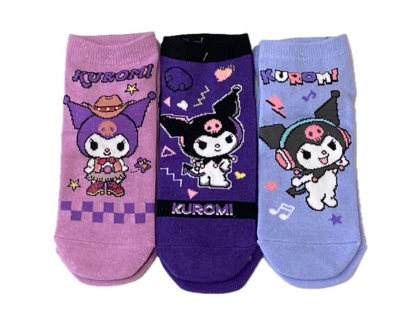 【A】クロミ kuromi スニーカー丈 ソックス 靴下 3足 レディース ガールズ 23〜25cm パープル サンリオ かわいい
