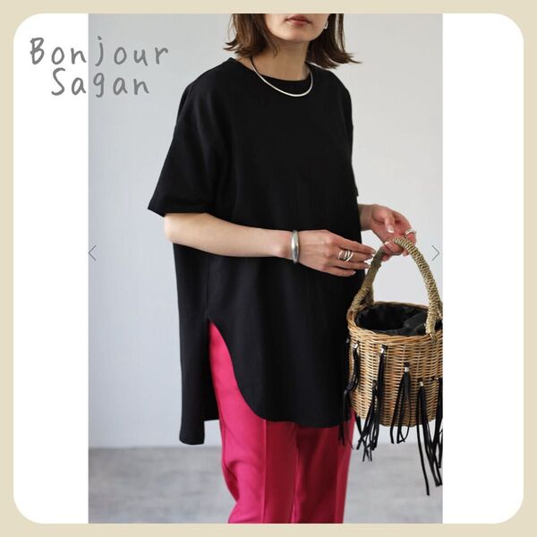 【新品タグ付き】コットンサイドスリットTシャツ / ブラック Bonjour Sagan