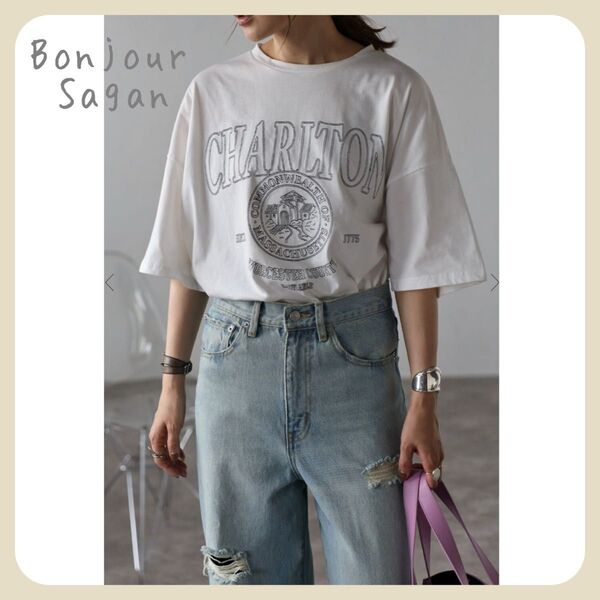 【新品タグ付き】CHARLTON刺繍ロゴTシャツ / オフホワイト Bonjour Sagan