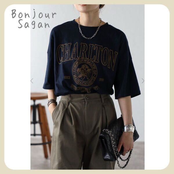 【新品タグ付き】CHARLTON刺繍ロゴTシャツ / ネイビー Bonjour Sagan
