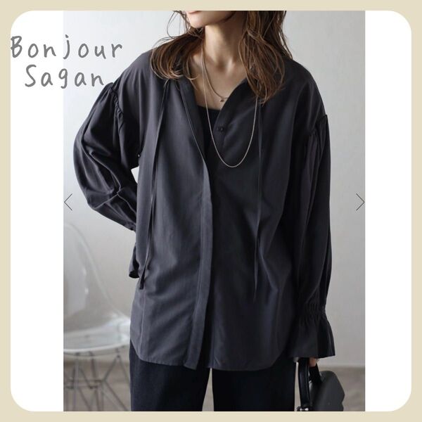 ◇◇残2◇◇ 【新品タグ付き】前後2WAY袖シャーリングブラウス / チャコールグレー Bonjour Sagan