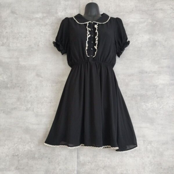 ハニーシナモン ミニワンピース 半袖 黒 F シフォン 春夏 フリルレースフレア