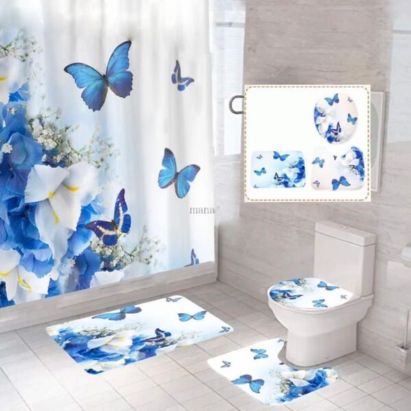 トイレマット 3点セット ブルー バタフライ トイレ蓋カバー足元 バスマット